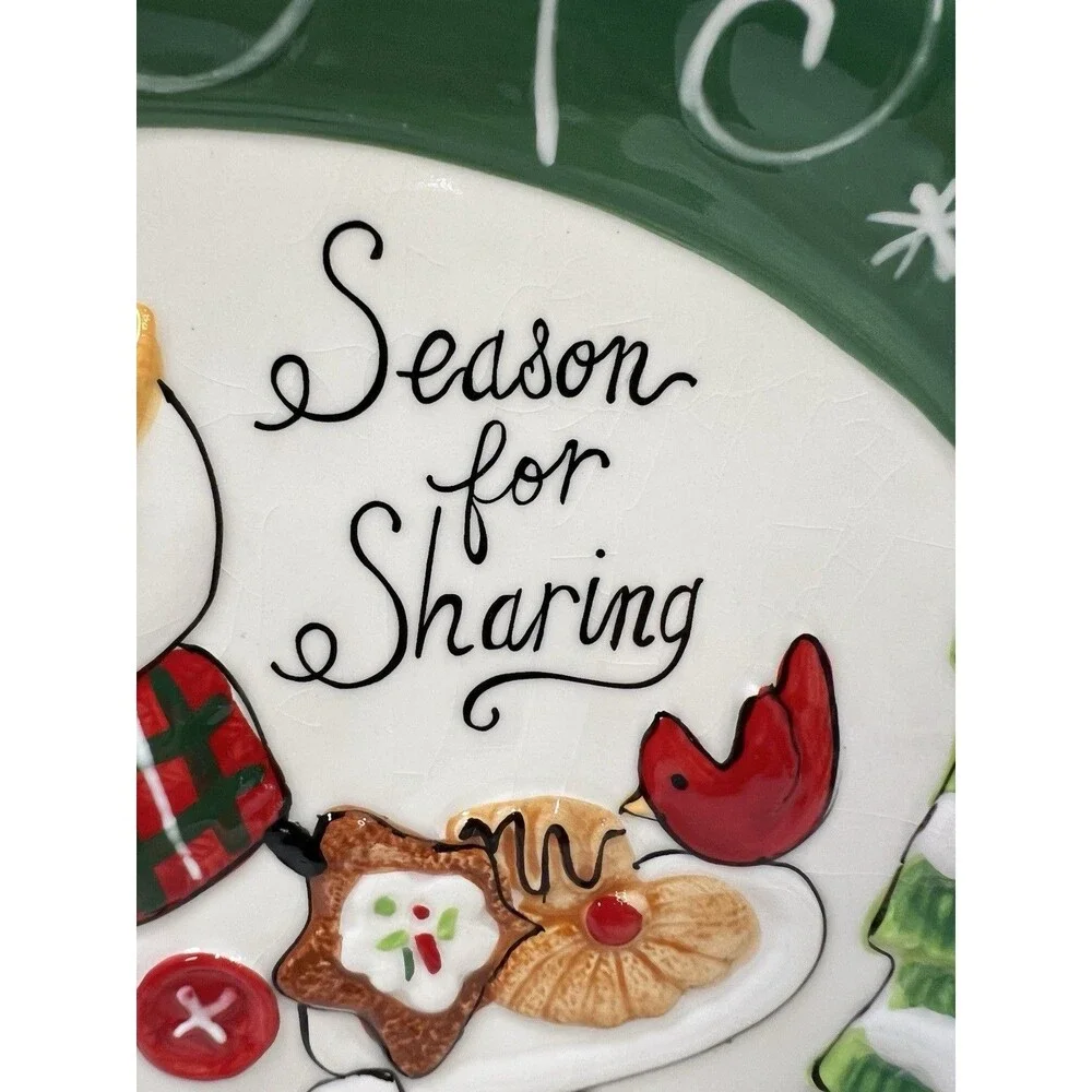 FITZ & FOYD Platter Holly Hat Snowman Christmas Wishes Embossed Cookie Tray